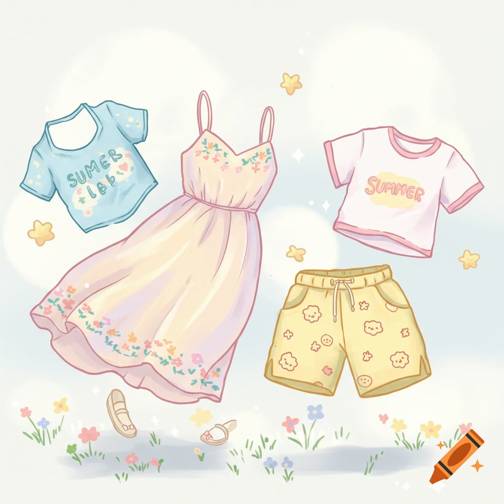 Cute summer clothes including a dress, shorts, and shirts floating over flowers in a digital illustration.