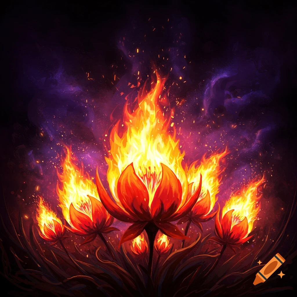 Red flowers engulfed in flames against a dark background.