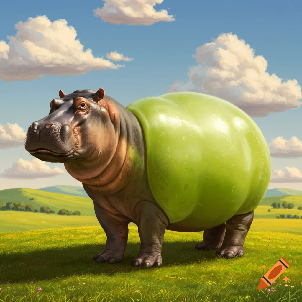 A hippo with a large green grape for a body standing in a field under a cloudy sky.