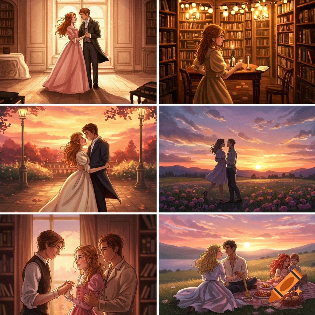 Grid of romantic couples in various settings.