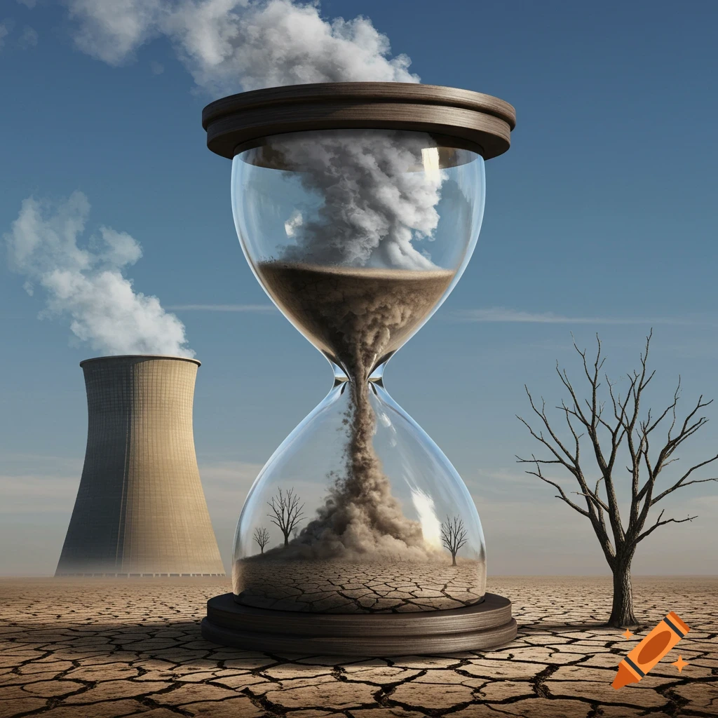 Hourglass symbolizing climate change with cooling tower smoke turning to dust over dry land and dead trees.