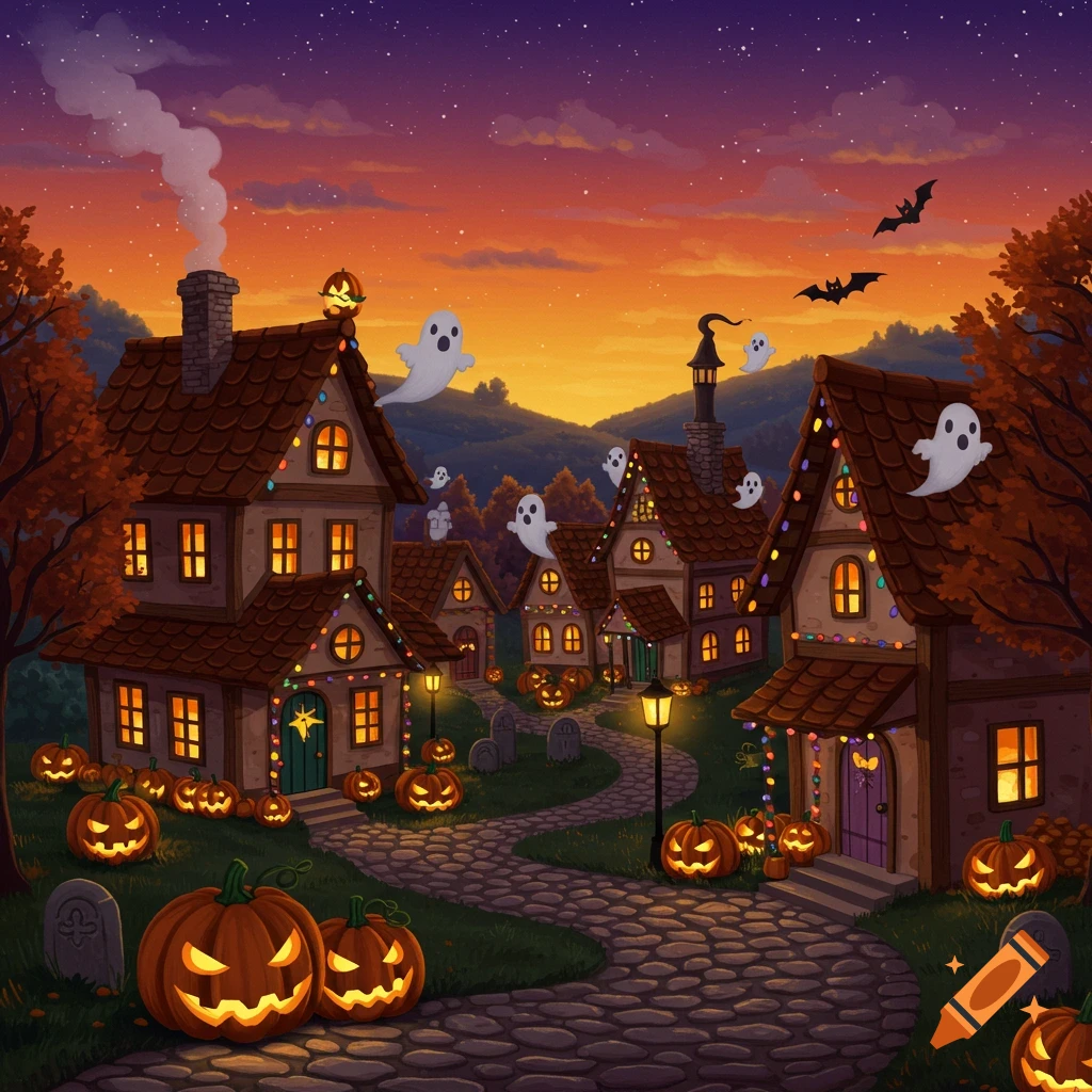 A whimsical Halloween town with spooky houses, pumpkins, ghosts, and bats at sunset.