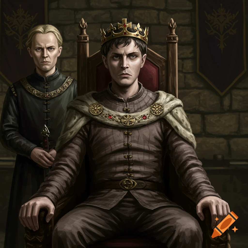 A king on a throne with another man standing behind him in a stone castle.