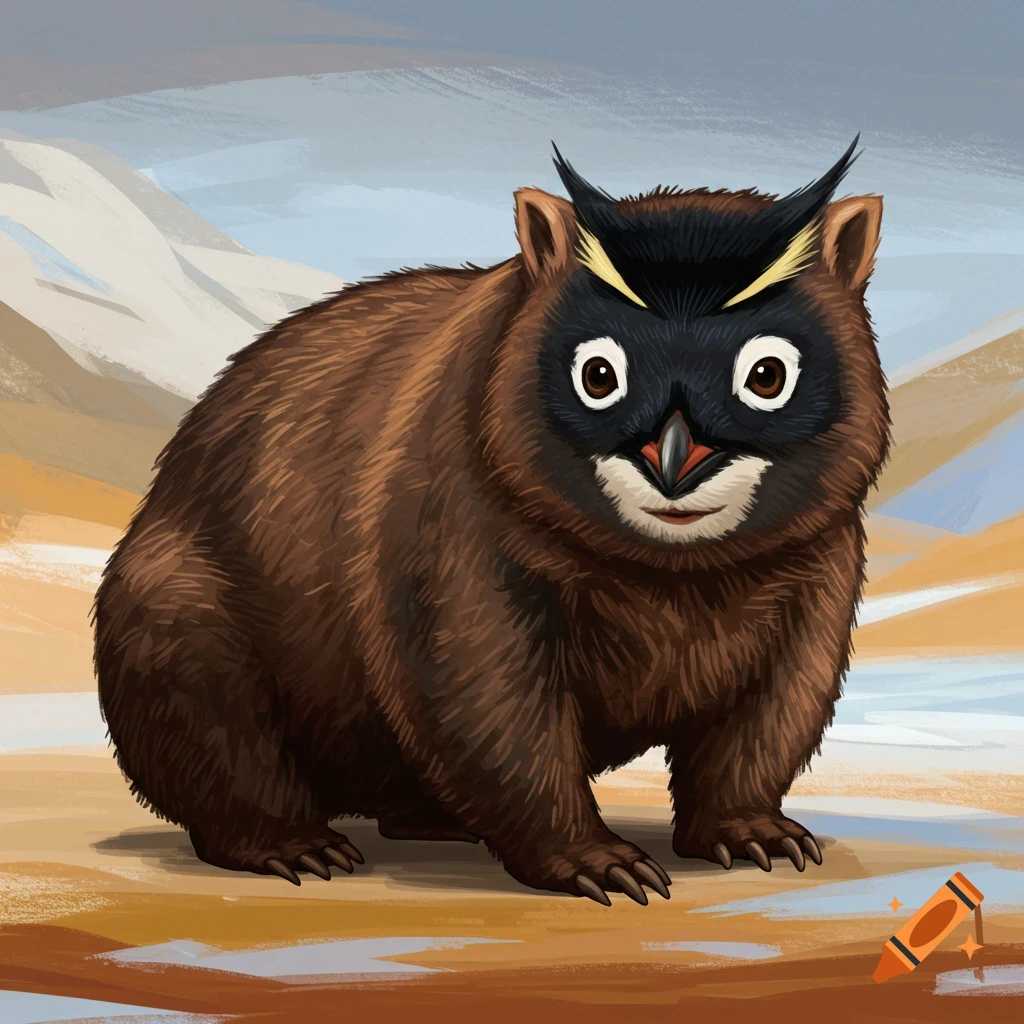 A wombat body with a penguin face and owl eyebrows standing in a landscape.