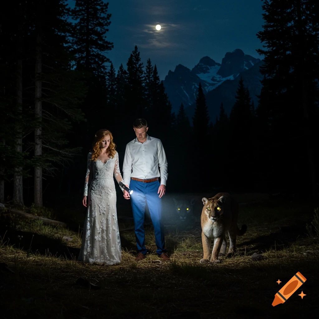 A couple holding a flashlight encounter a mountain lion with glowing eyes in a moonlit forest clearing.