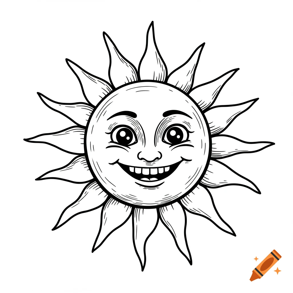 Black and white cartoon drawing of a smiling sun