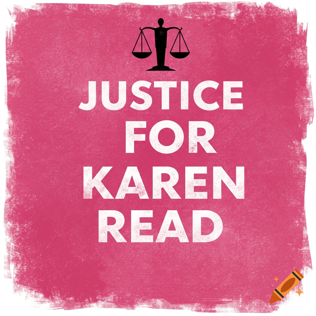 Text 'JUSTICE FOR KAREN READ' above scales of justice on a pink background.