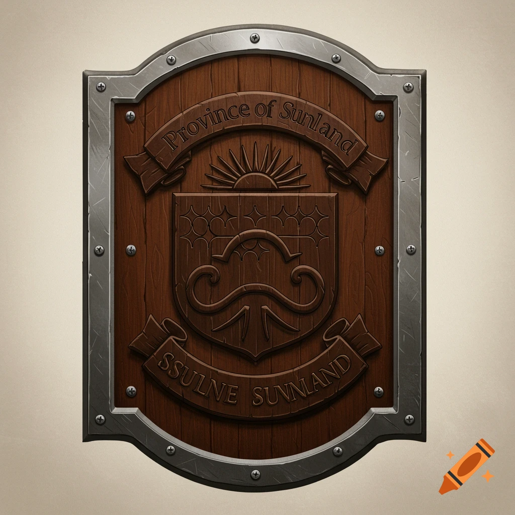 A wooden and metal governmental plaque with a crest and text.