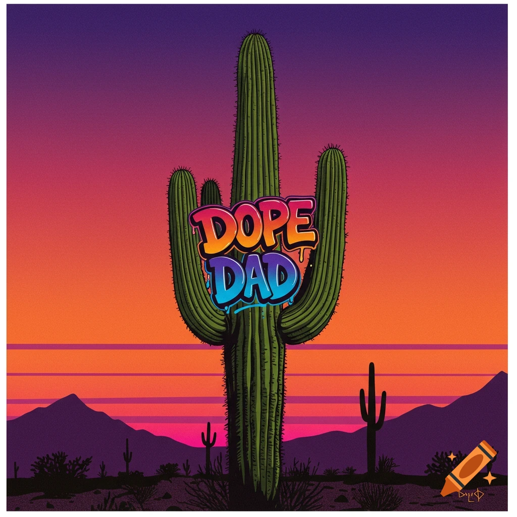 A saguaro cactus with 'Dope Dad' text against a retro desert sunset.