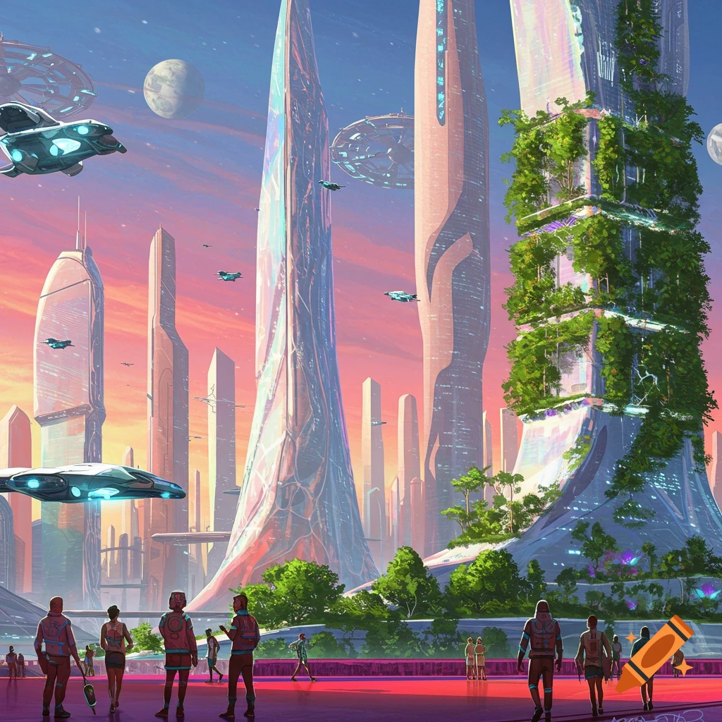 A futuristic city with tall buildings, flying vehicles, and people.