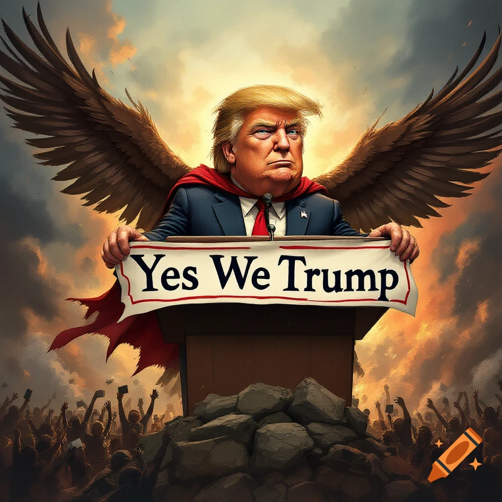 A caricature of Donald Trump with wings, holding a 'Yes We Trump' banner at a podium before a crowd.