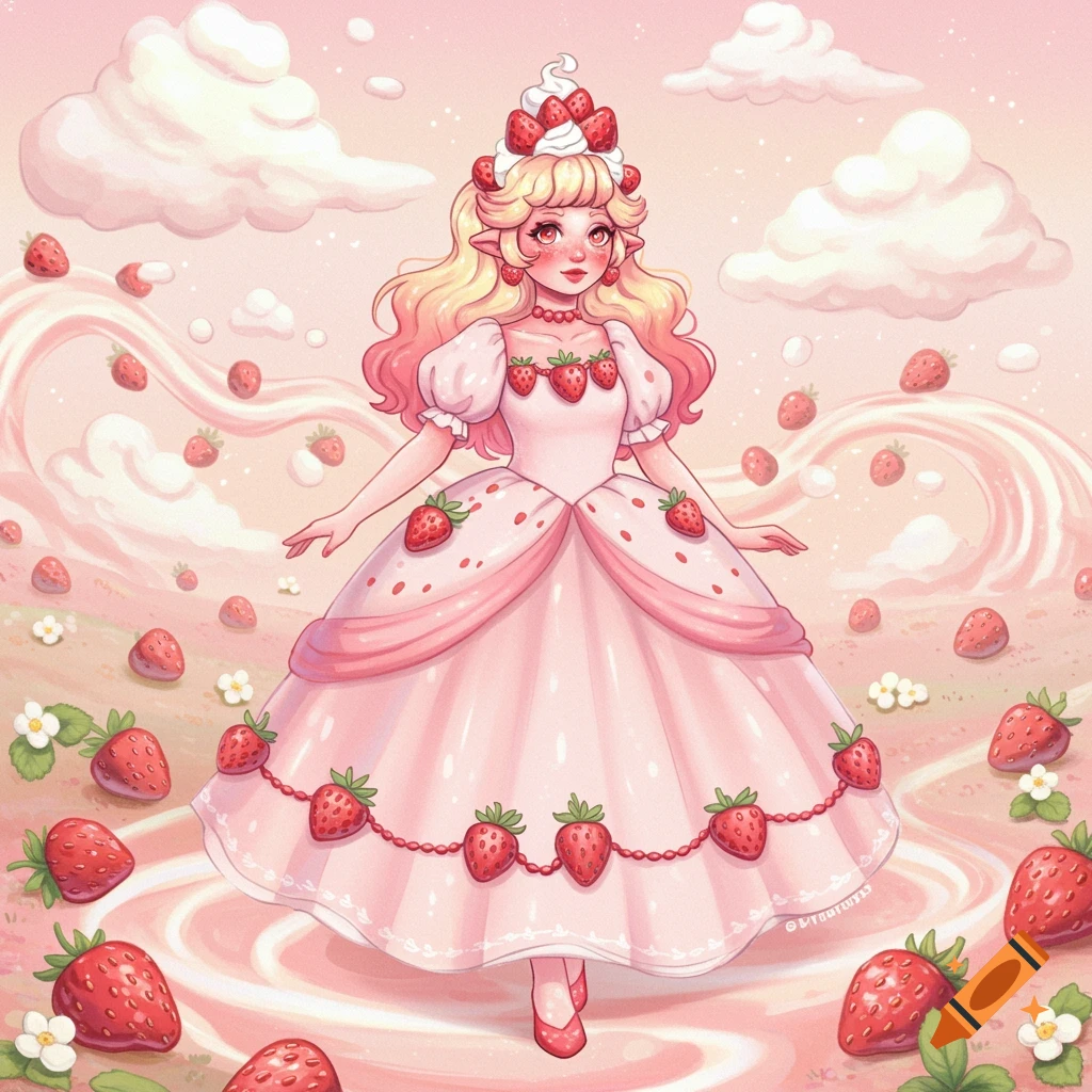 A princess in a strawberry dress stands in a strawberry meadow with a milk river in a whimsical fairytale style.