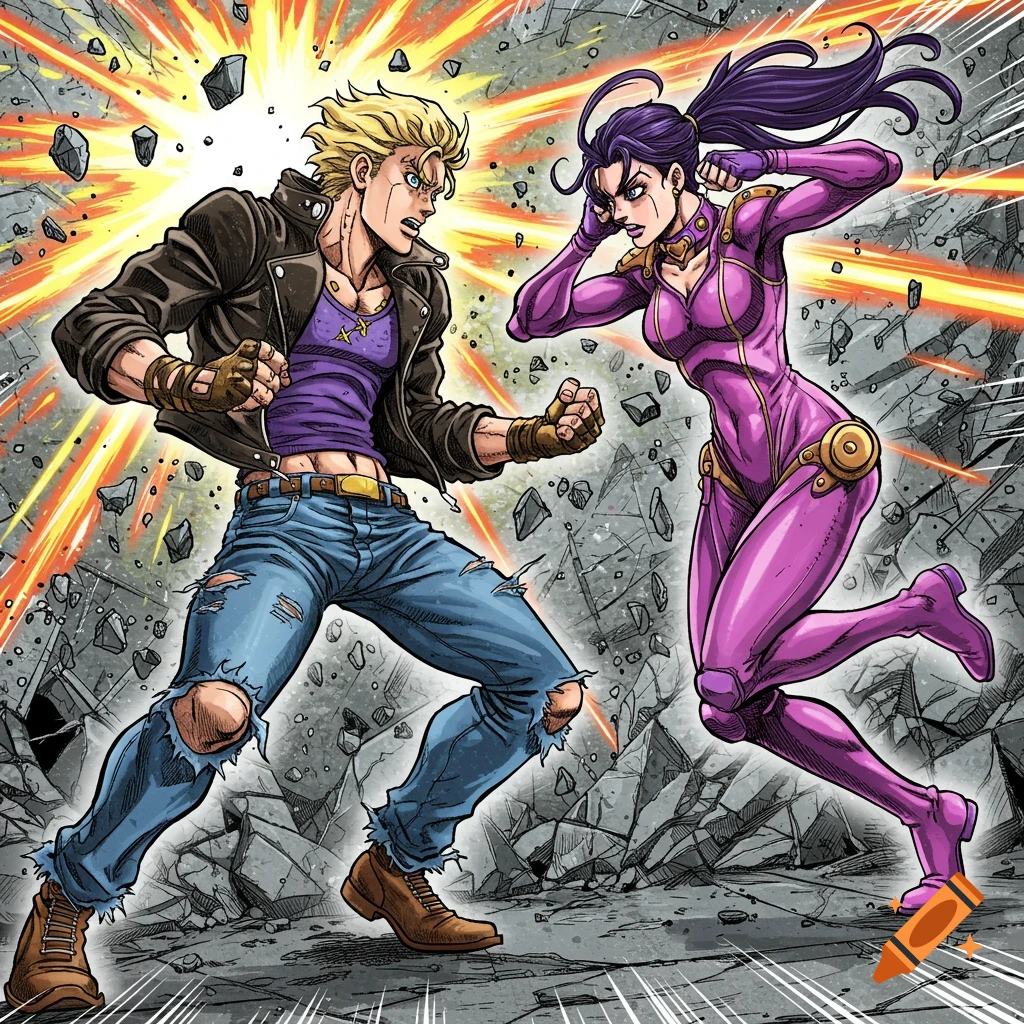 Manga-style illustration of a man and woman fighting amidst debris and an explosion.