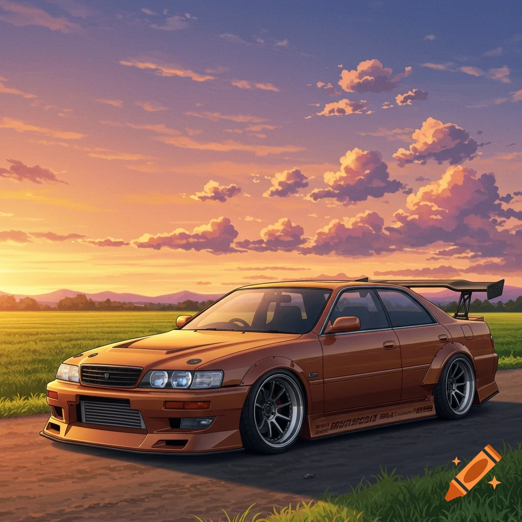 Anime-style orange modded car parked on road at sunset with field and mountains.