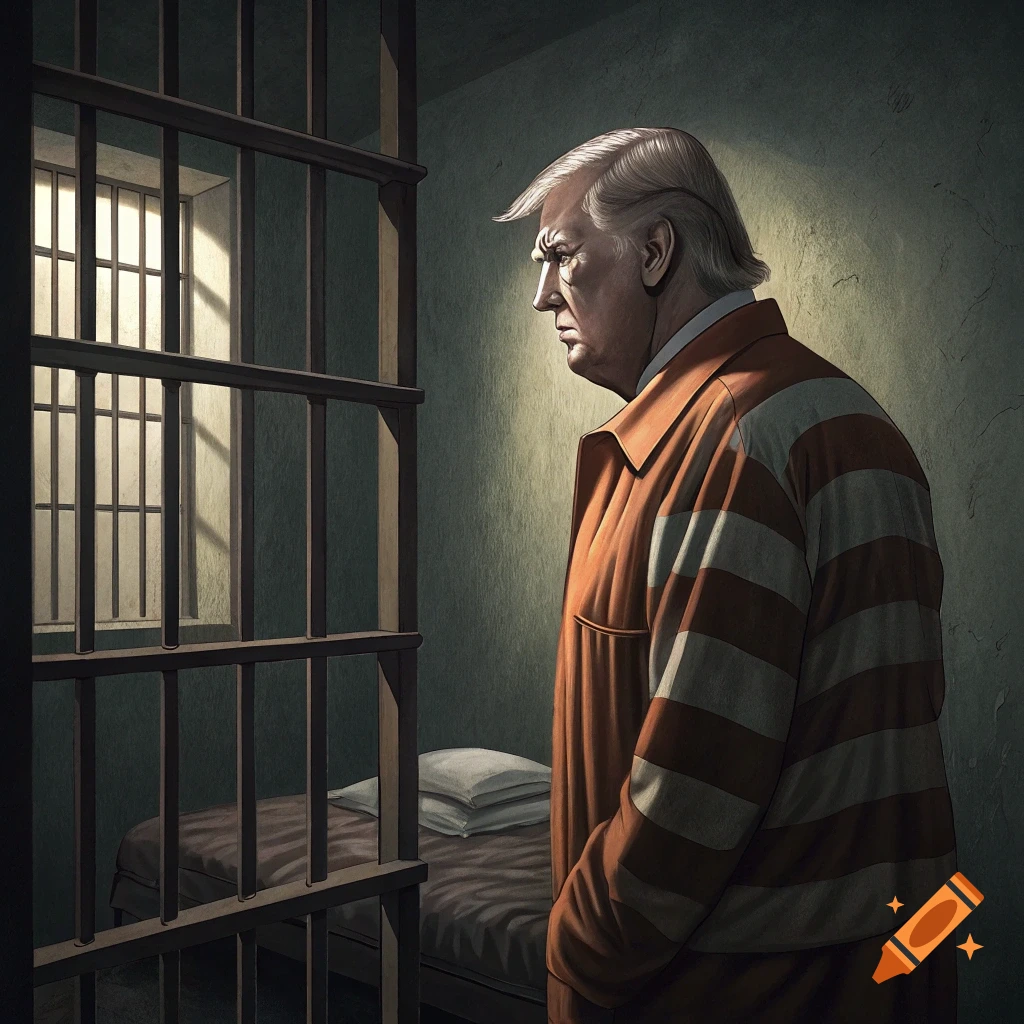 Stylized illustration of a person resembling Donald Trump looking out of a prison cell window.