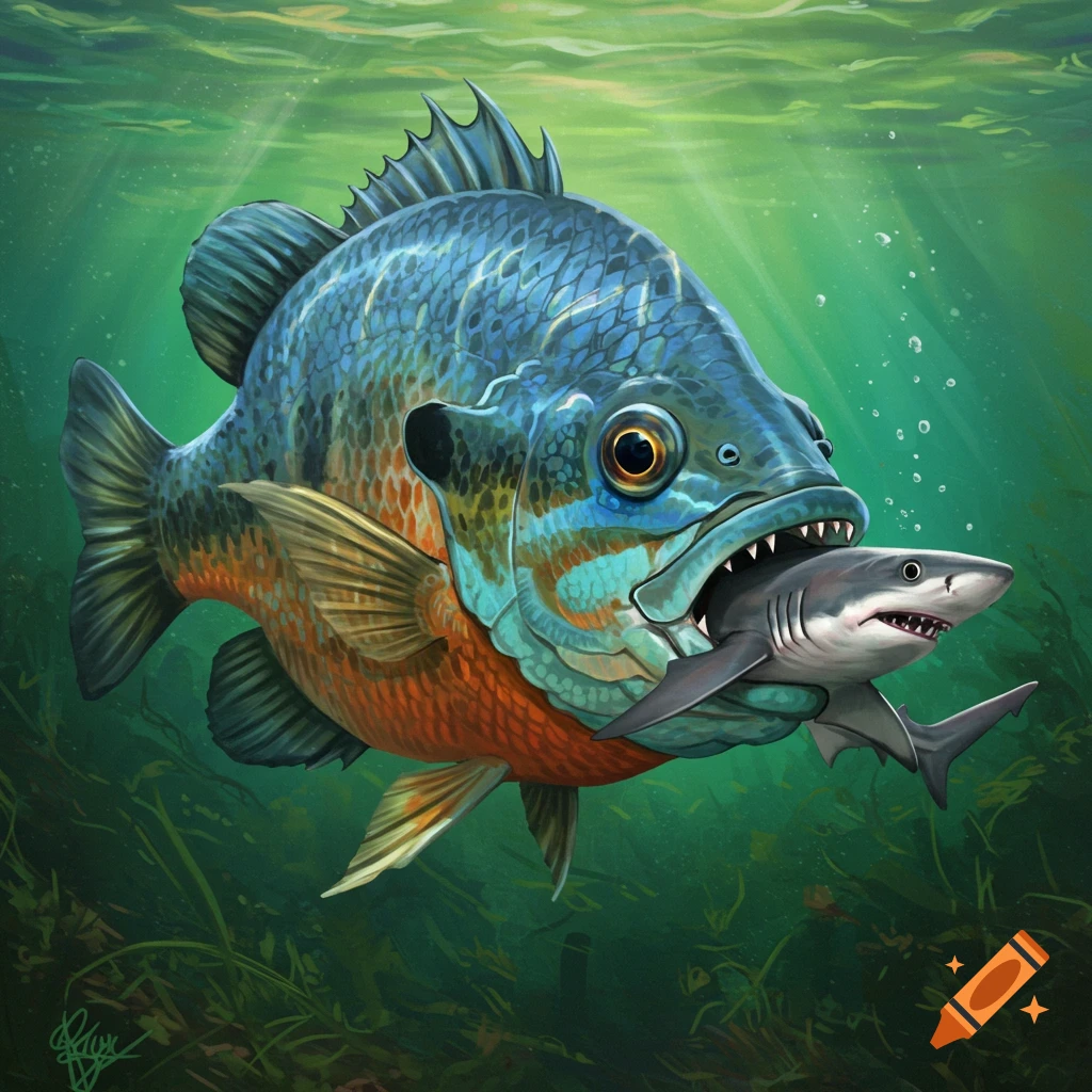 A large bluegill fish is eating a small shark underwater.