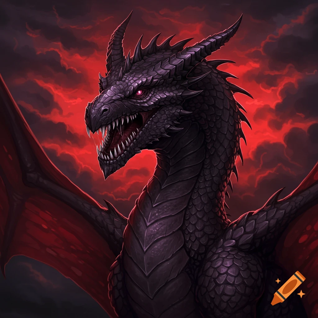 Close-up of a dark purple scaled dragon with red eyes and sharp teeth against a red and black sky.