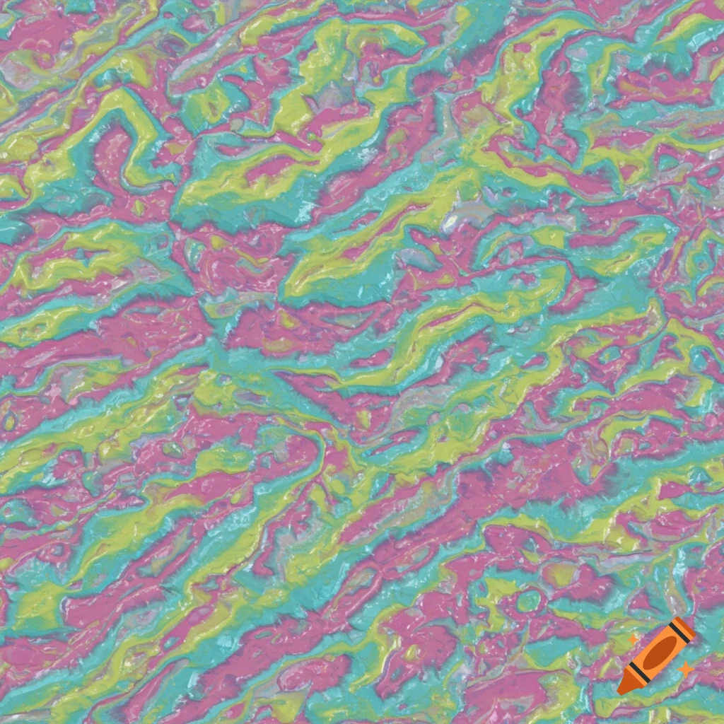 Abstract textured pattern with wavy lines of pink, teal, yellow, and grey.