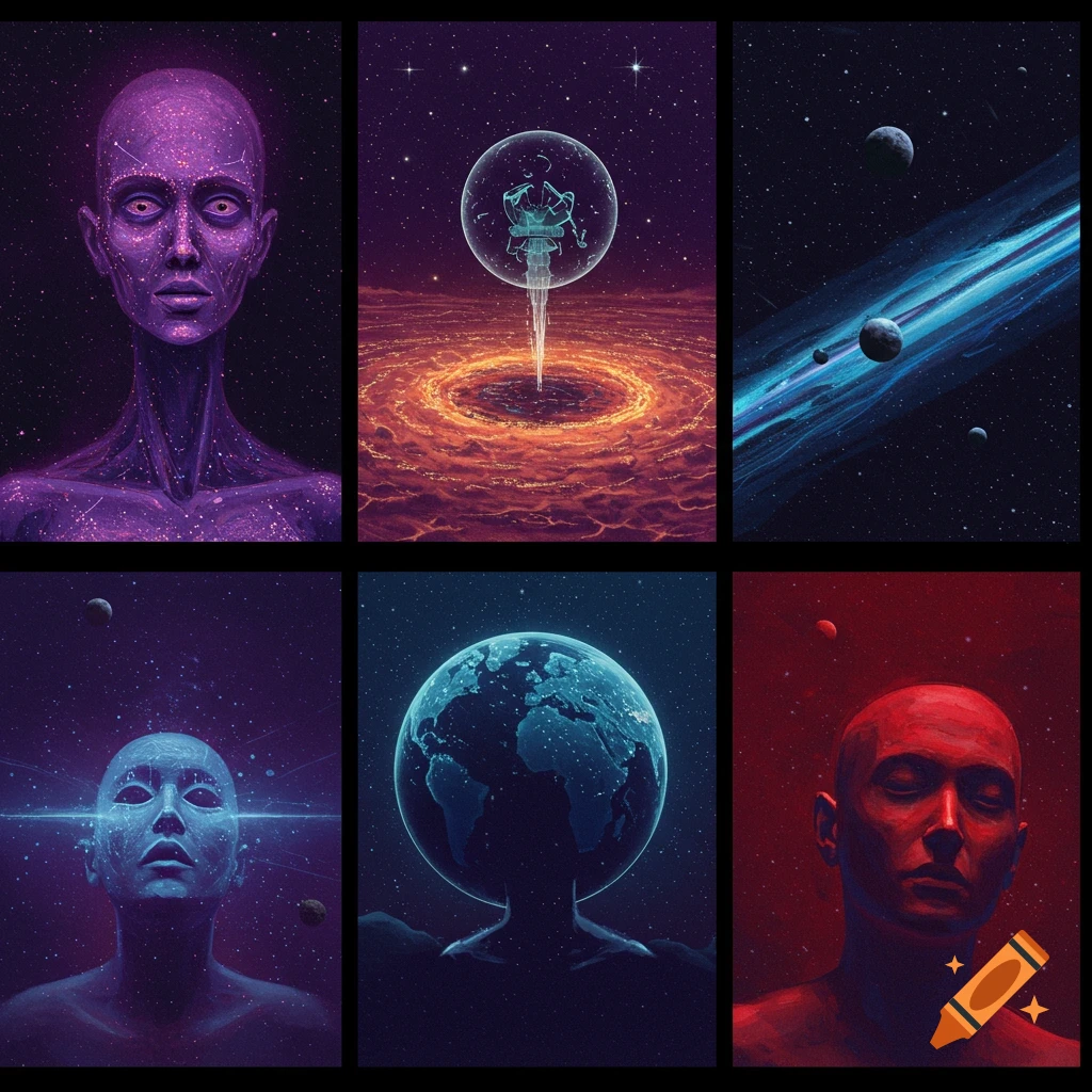 Grid of six images showing cosmic scenes, human figures, planets, and abstract concepts.