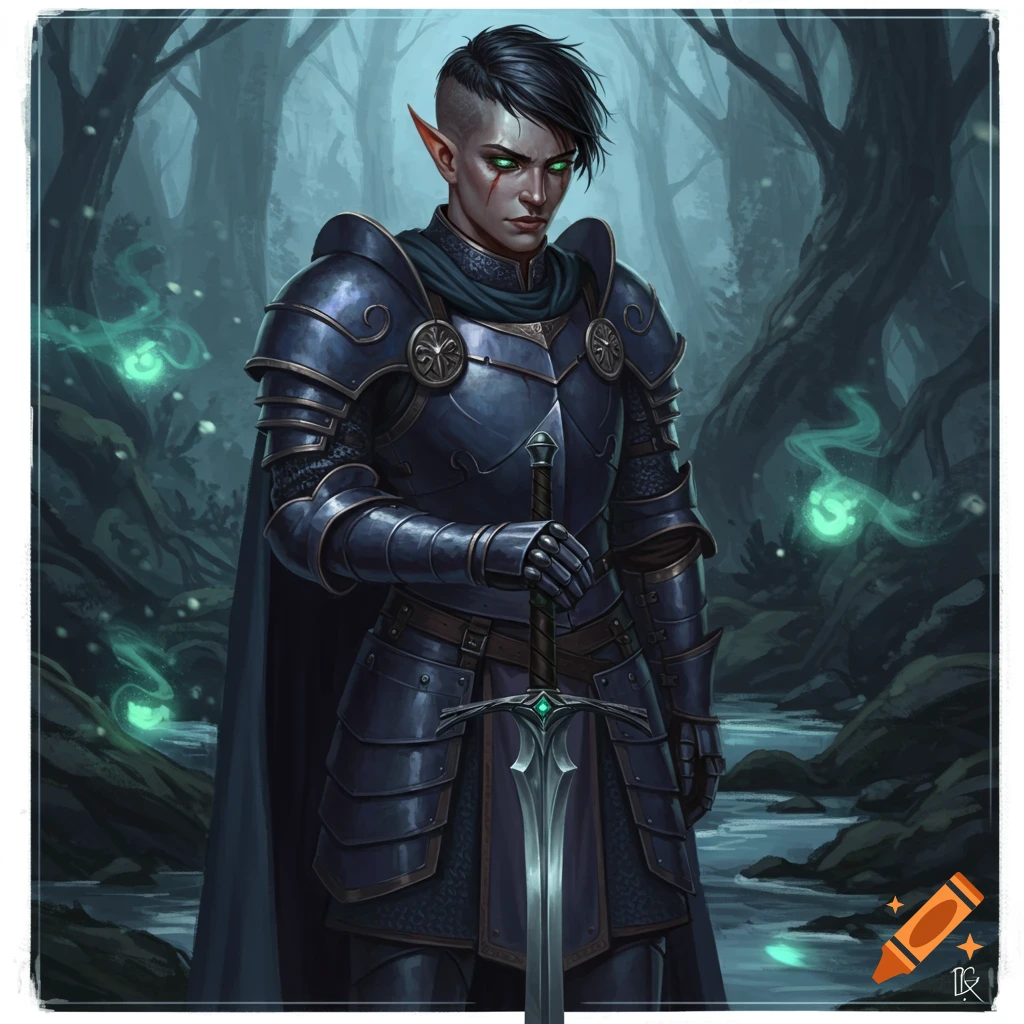 An elf paladin in dark blue armor holds a sword in a misty forest with glowing green orbs.