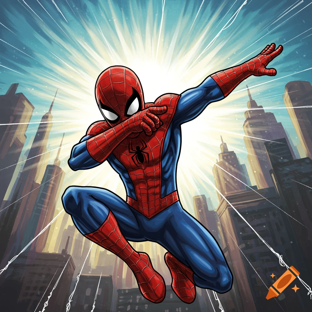 Spider-Man dabbing over a city skyline.