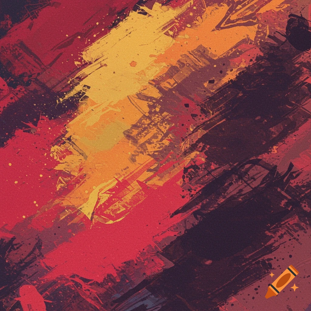 Abstract with red, orange, yellow, and dark strokes and splatters.