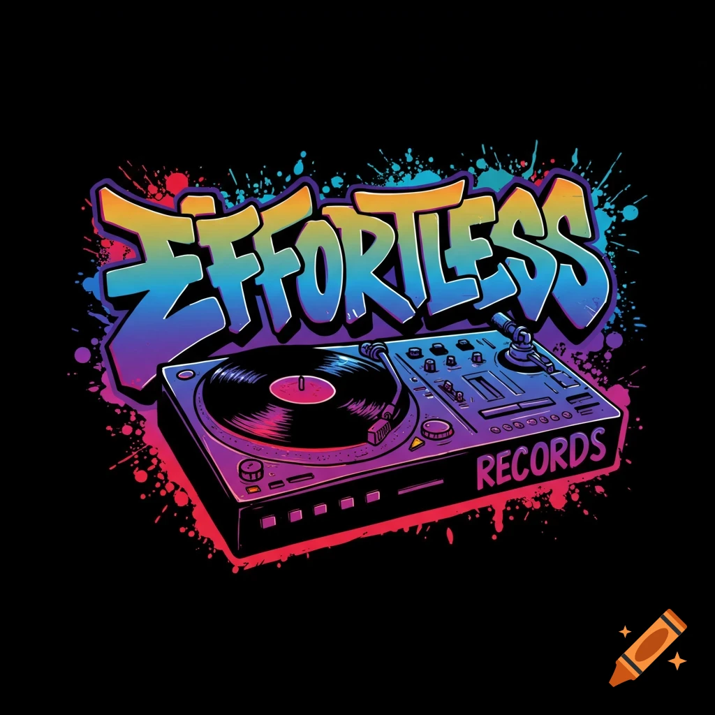 Colorful graffiti style design of a turntable and vinyl record with the words EFFORTLESS and RECORDS.