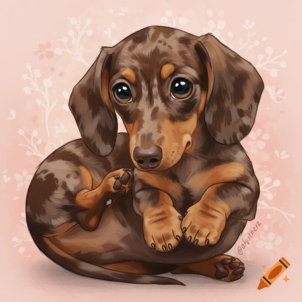 A dapple dachshund puppy is curled up on a pink background with floral patterns.