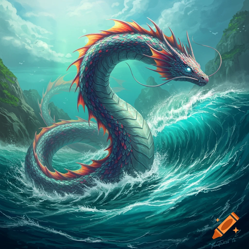 A large mythical sea serpent with iridescent scales rises from crashing ocean waves near rocky coasts.
