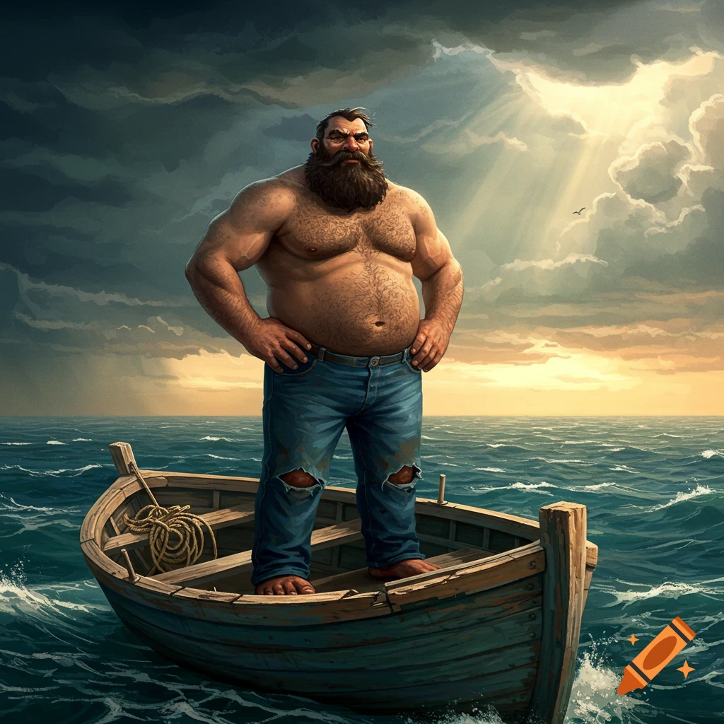 A muscular, bearded man standing in a boat on a stormy sea with sun rays breaking through clouds.