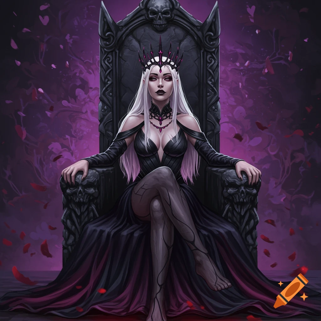 Gothic queen with white hair and a dark dress sitting on a skull throne
