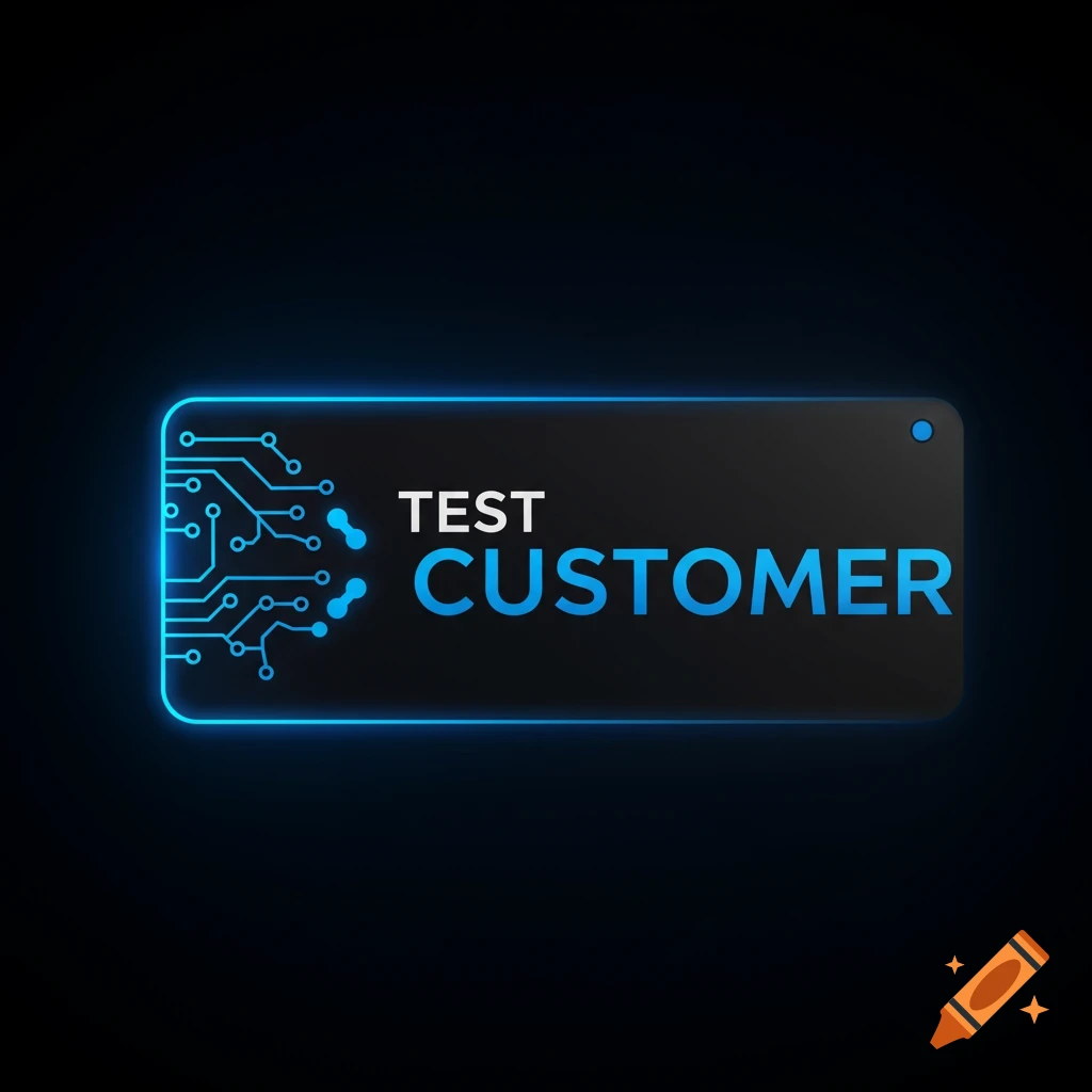 Logo with blue glowing edges, circuit board graphic, and text 'TEST CUSTOMER'.