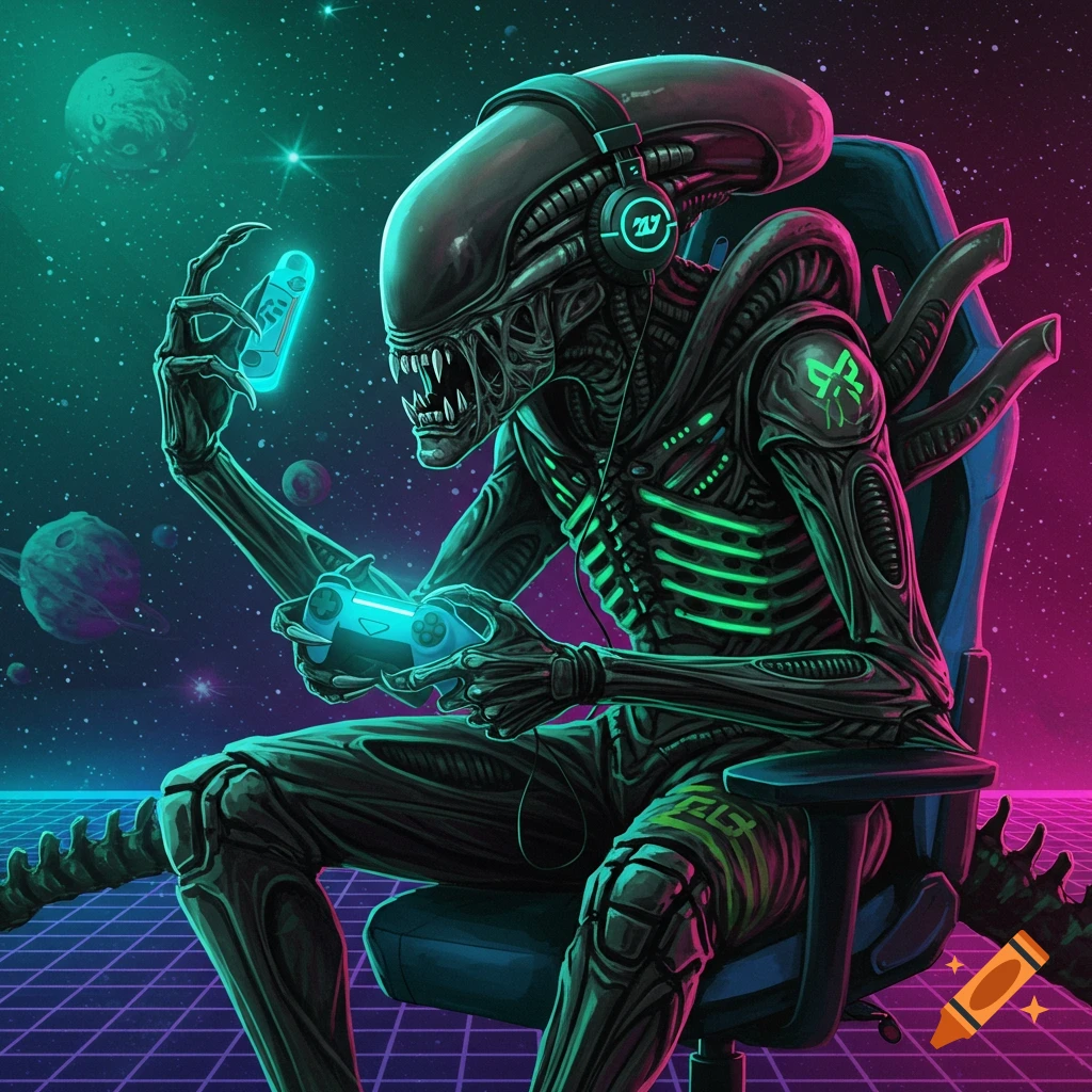 Stylized digital illustration of a Xenomorph alien gamer in a chair with headphones, holding a controller and phone, in a neon-lit space environment.