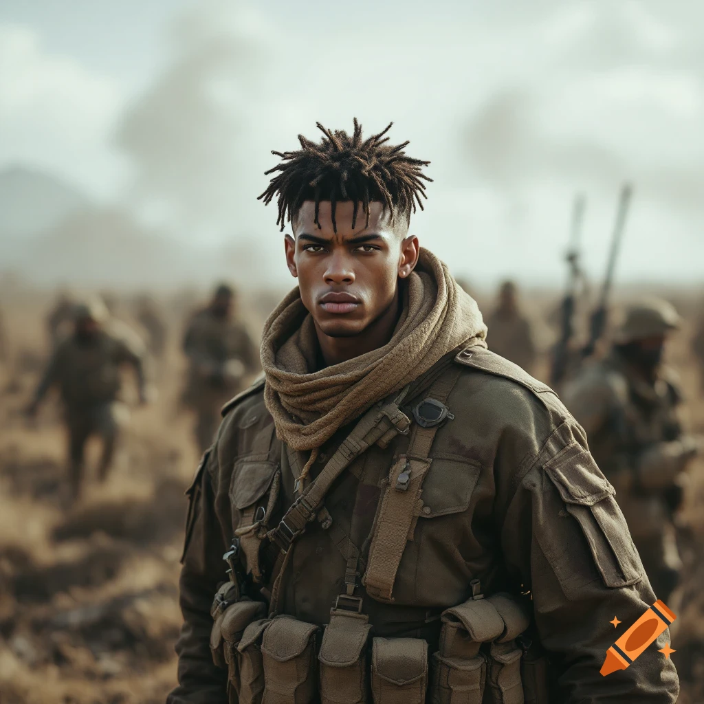 Photorealistic portrait of a man with dreadlocks in military gear standing in a dusty battlefield.