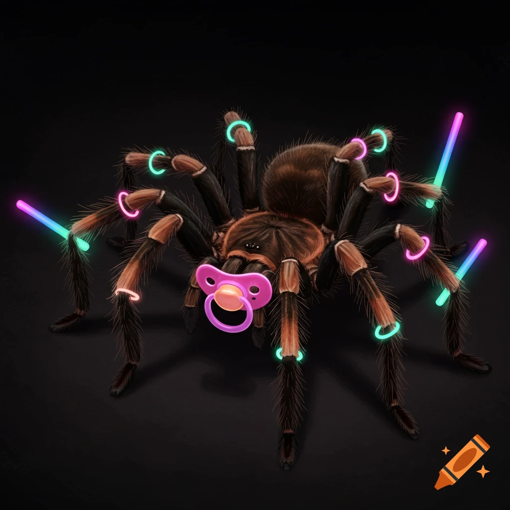 A realistic tarantula wears a pink pacifier and has glowing rings and sticks on its legs against a black background.