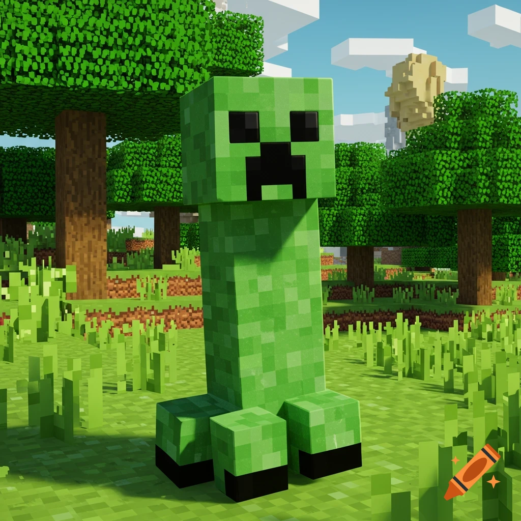 A blocky green Minecraft Creeper stands in a field of grass and trees under a blue sky.
