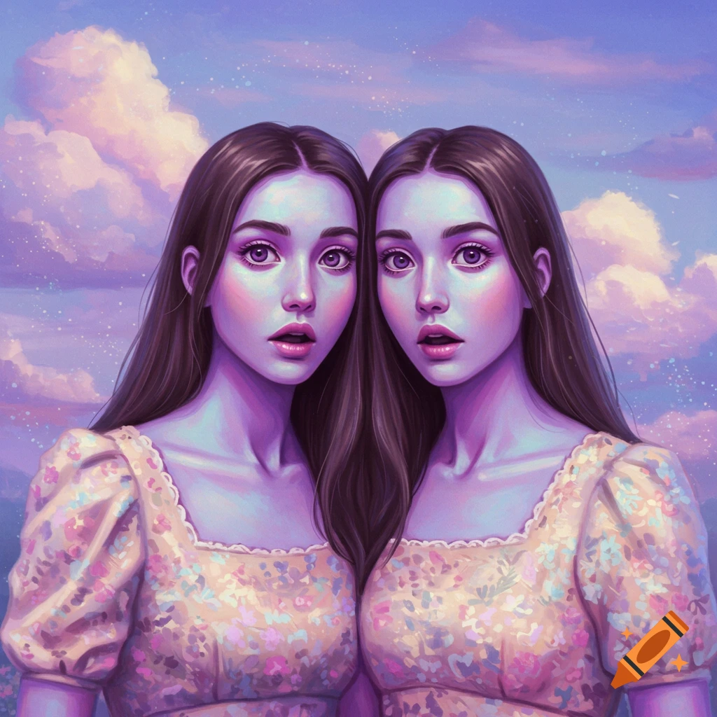 A scene depicting twin women with purple skin set against a backdrop of a cloudy sky.
