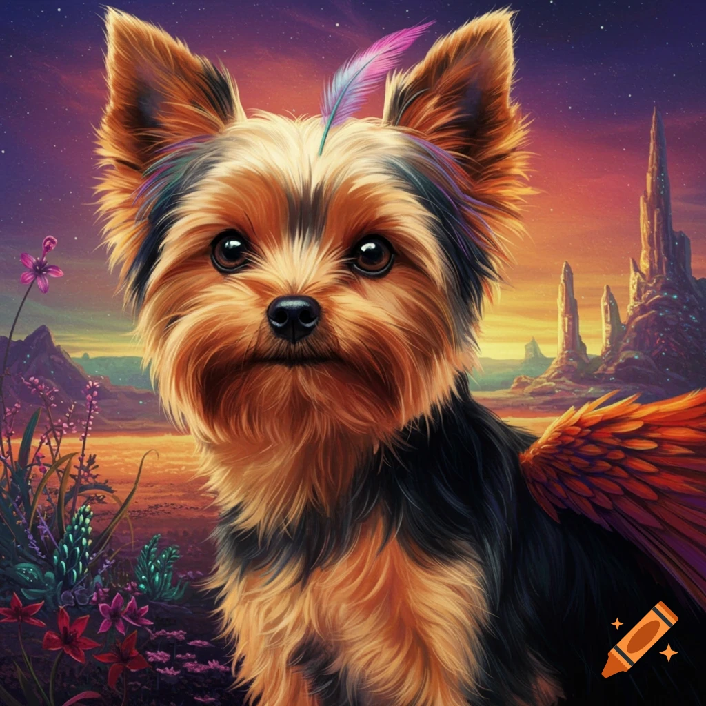A Yorkie terrier with wings and a feather on its head in a fantasy landscape at sunset.