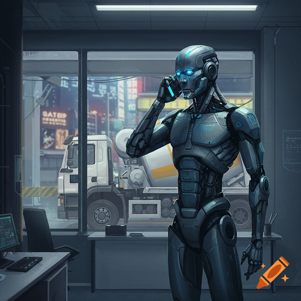 A robot on the phone in an office looking out at a city street with a concrete truck.