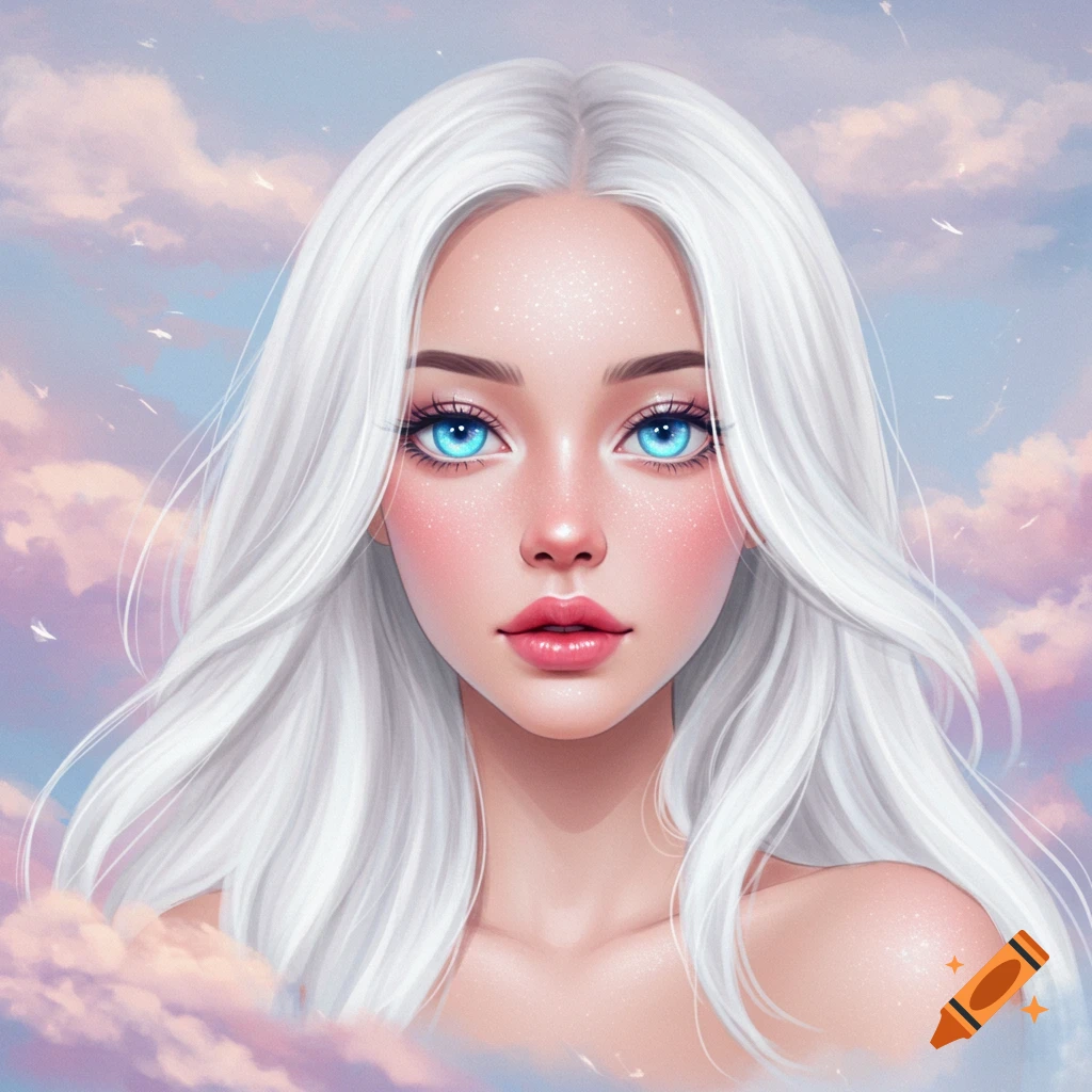 Portrait of a beautiful woman with long white hair and bright blue eyes against a cloudy sky.