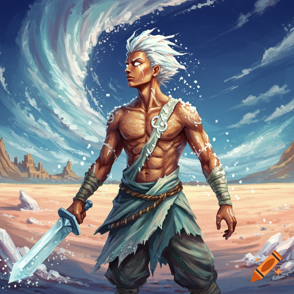 A fantasy hero with white hair holding a glowing sword stands in a desert with a large wave.