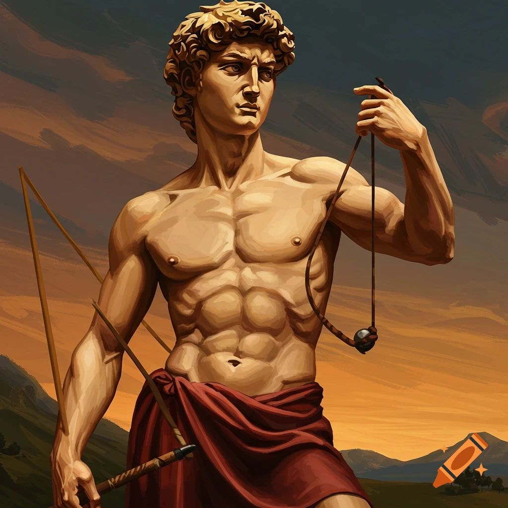 Image of a muscular man resembling David, holding a sling and shafts against a sunset landscape.