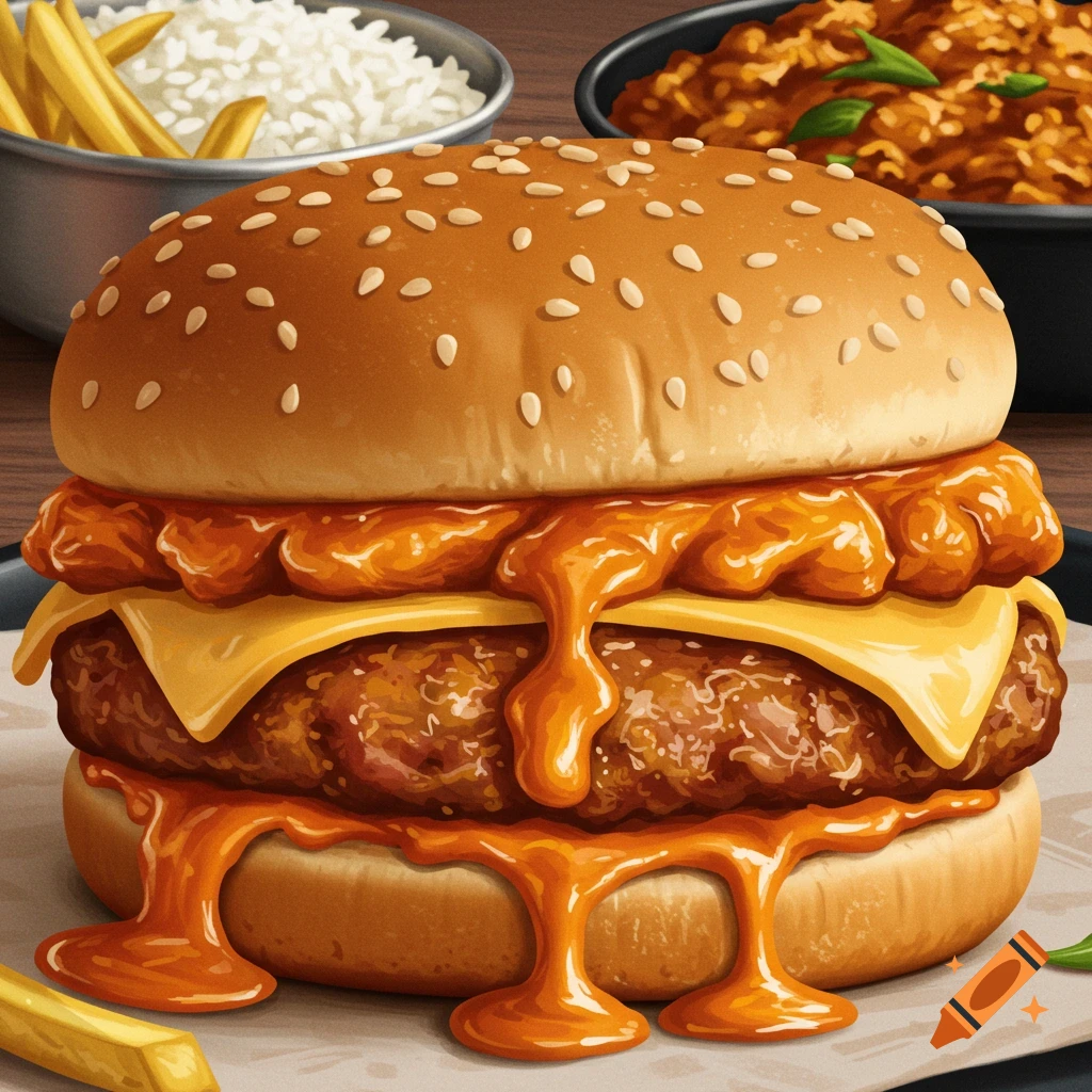 A dripping butter chicken burger with cheese.