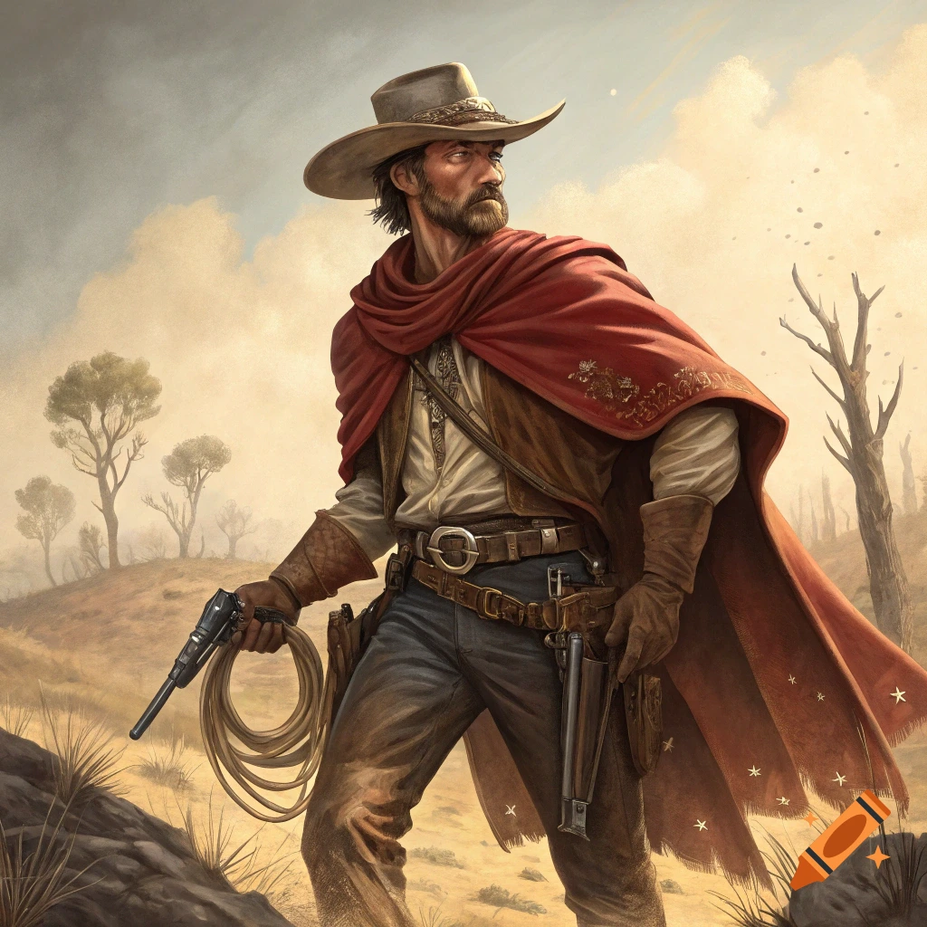 An illustration of a cowboy resembling Lee Van Cleef wearing a red poncho in a desert.