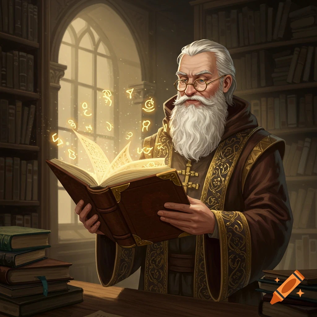 A wise old man in robes reads a glowing book with arcane symbols in a library.