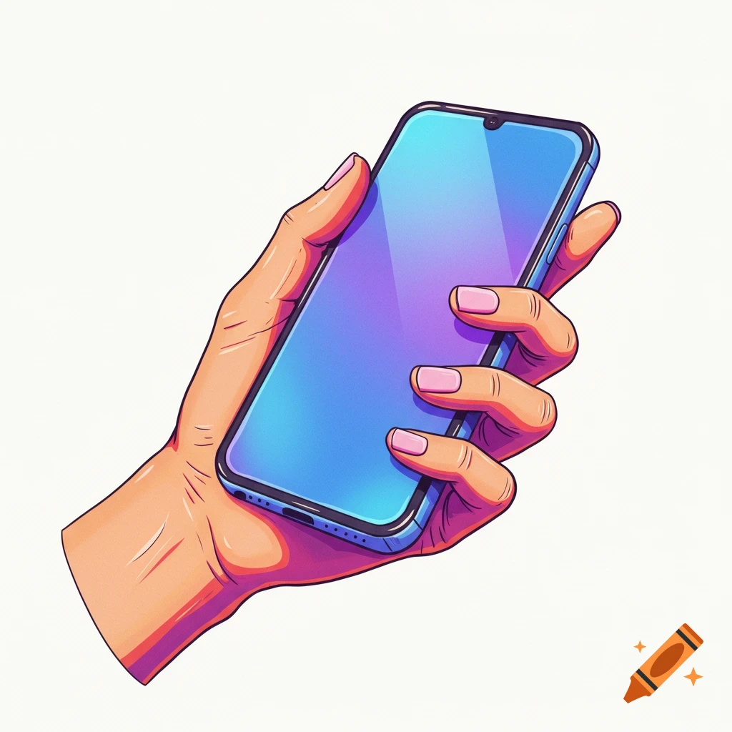 Illustration of a hand holding a blue smartphone.