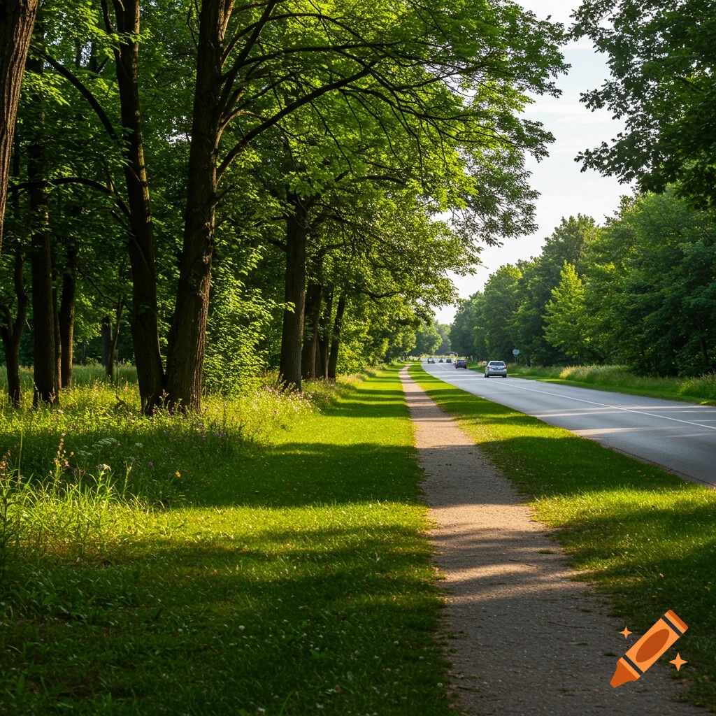 A sunny path alongside a tree-lined road with cars in the distance.