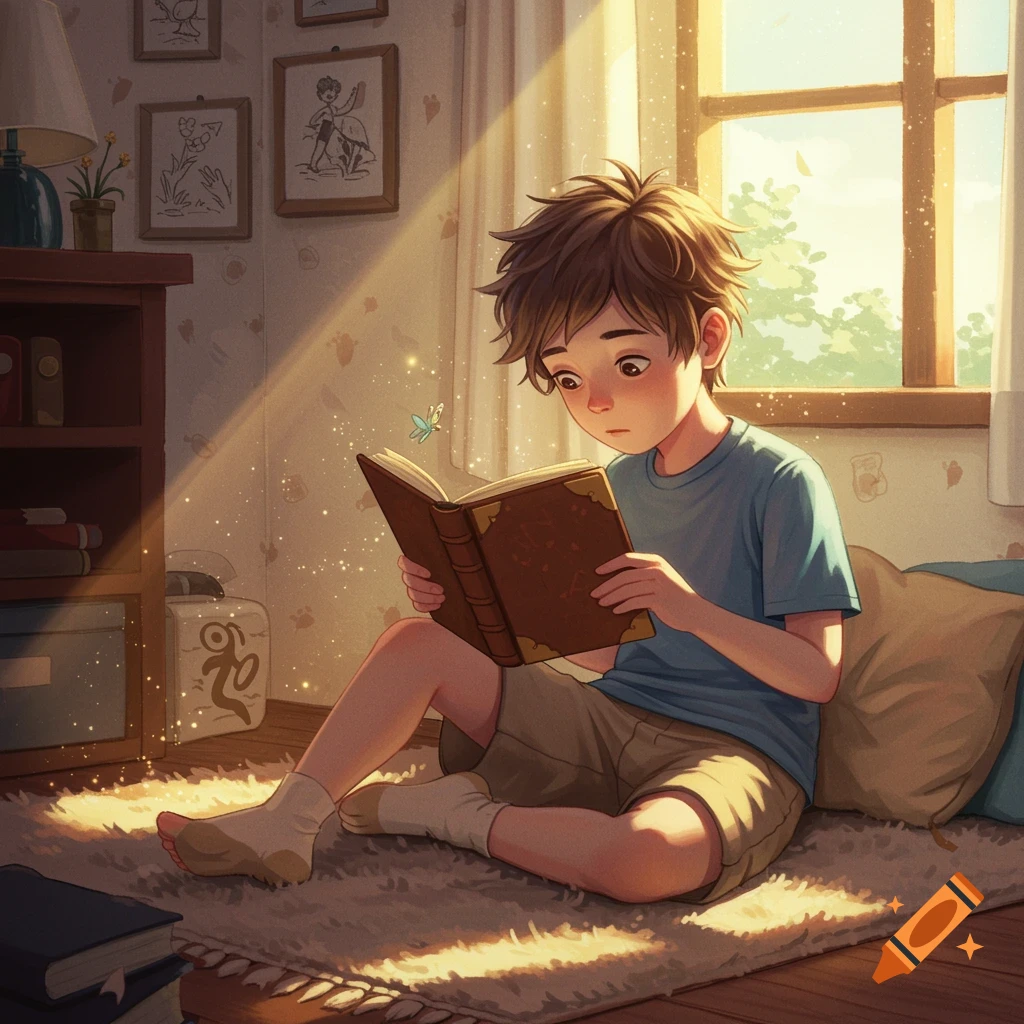 A young boy reads a book on a rug in a sunlit room, surrounded by magical light. Whimsical.