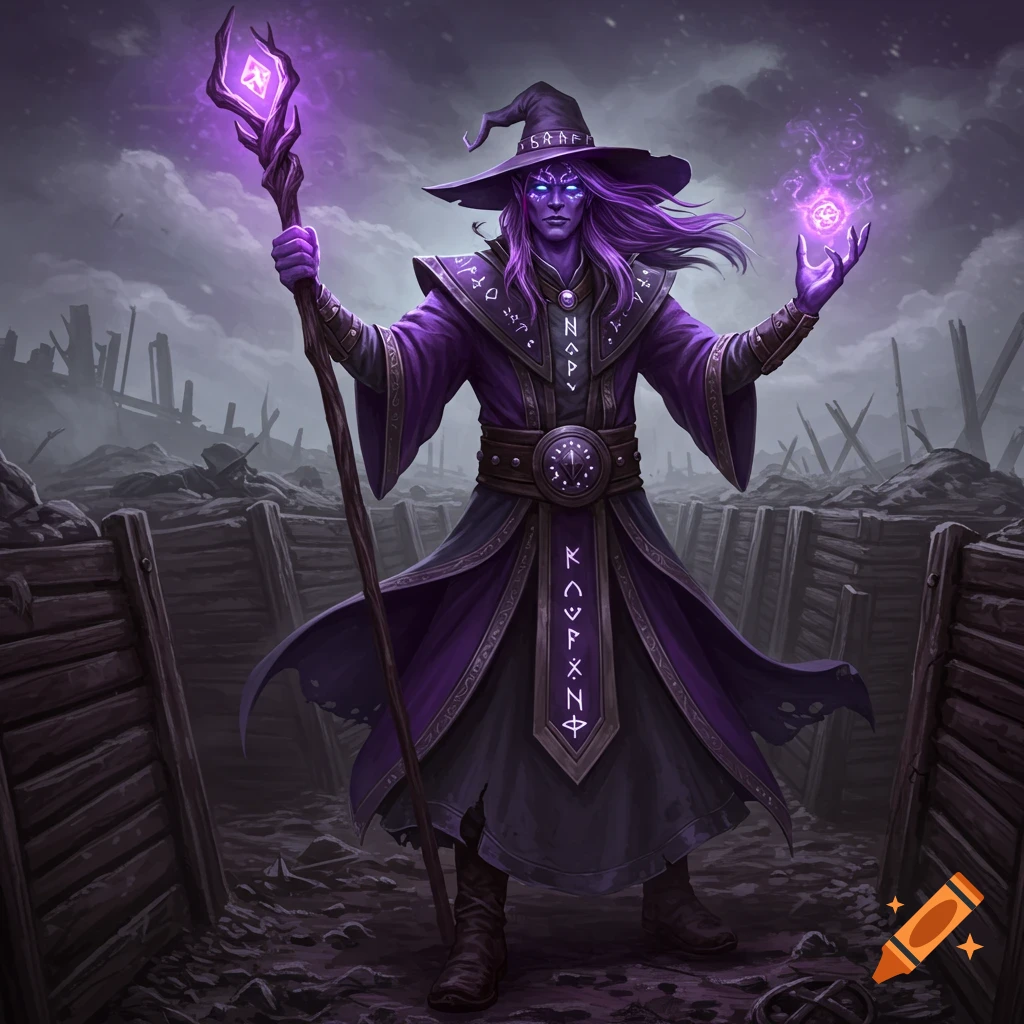 A purple wizard stands in war trenches, holding a staff with a magical glow.