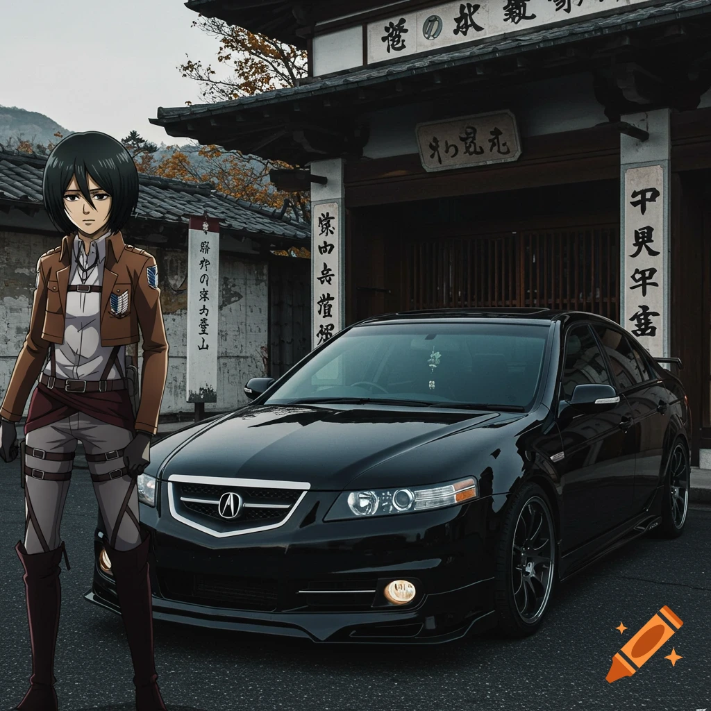 Mikasa Ackermann standing next to a black Acura TL in front of a Japanese building.